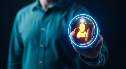 Target audience definition concept. A hand draws a glowing holographic circle around a single person icon to represent focus and targeting in marketing.