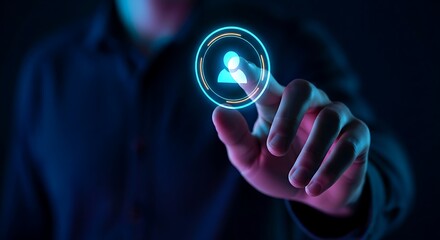 Target audience definition concept. A hand draws a glowing holographic circle around a single person icon to represent focus and targeting in marketing.