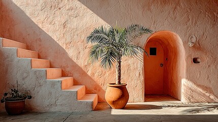 Interior staircase with terracotta planter and archway in a sun-drenched space.