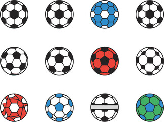 A diverse collection of colorful and creative soccer ball icons featuring classic black-and-white styles, geometric patterns, vibrant color schemes, abstract textures, and modern design variations.