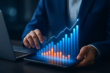 Businessman analyzing glowing upward trending graph on tablet with laptop