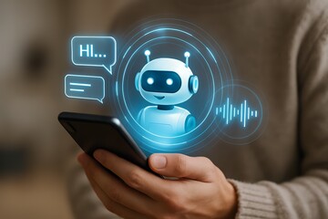 Person holding smartphone interacting with glowing ai chatbot and soundwave