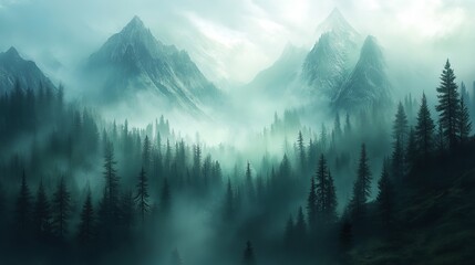 Morning landscape of a forested mountain shrouded in mist
