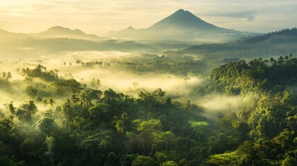 Morning landscape of a forested mountain shrouded in mist