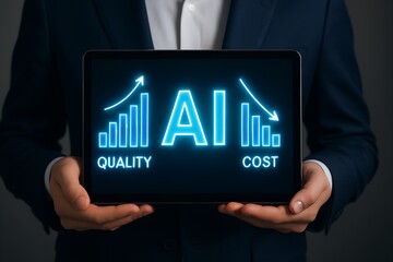 Tablet displays ai impact on quality and cost with upward and downward charts