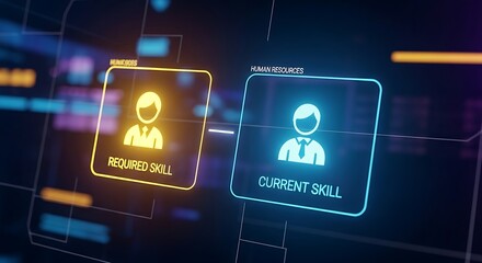 Skills gap analysis concept. A clean HR interface shows two holographic icons, "required skill" and "current skill," with a visible gap between them.