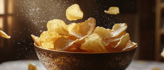 Showcase a tempting real picture of a bowl overflowing with perfectly crisp potato chips, glistening with a light sprinkle of sea salt, capturing their golden color and inviting crunch
