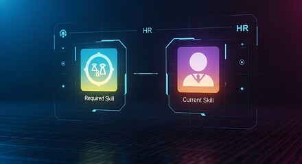 Fototapeta premium Skills gap analysis concept. A clean HR interface shows two holographic icons, 