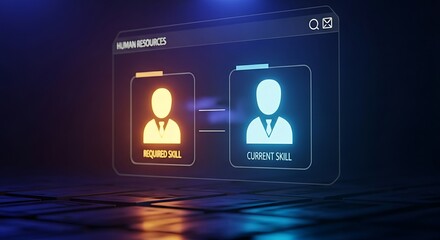 Skills gap analysis concept. A clean HR interface shows two holographic icons, "required skill" and "current skill," with a visible gap between them.