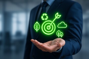 Businessman holding green sustainability and environmental icons