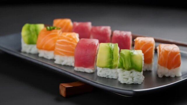 Sushi rolls arranged on a gray plate with varying toppings like salmon tuna and avocado against a dark backdrop