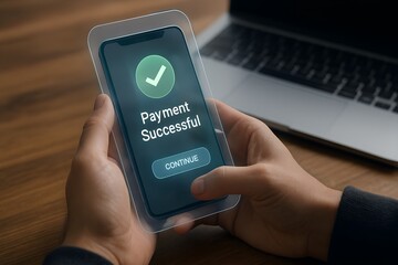 Hands hold a smartphone showing a successful payment confirmation on the screen
