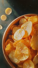 Showcase a tempting real picture of a bowl overflowing with perfectly crisp potato chips, glistening with a light sprinkle of sea salt, capturing their golden color and inviting crunch
