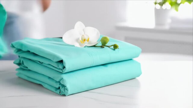 Stacked teal folded linens with orchid on table with blurred person
