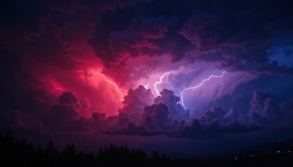 Fototapeta premium Majestic Night Storm: A Symphony of Purple and Red Lightning