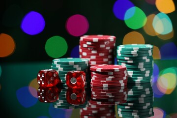 Casino chips and dice on mirror surface against blurred lights, closeup