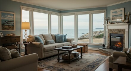Cozy living room with large windows overlooking ocean view and fireplace.