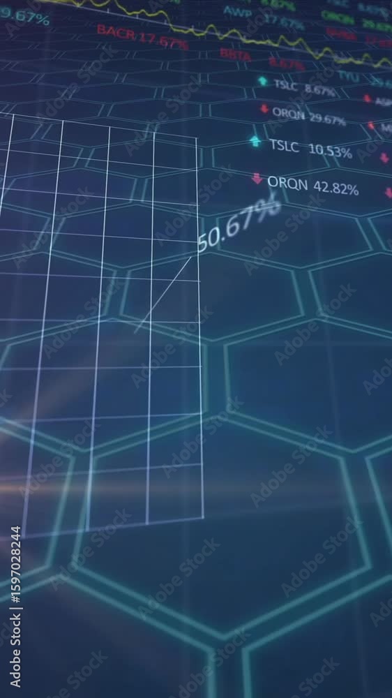Poster animation of financial data processing over network of hexagons