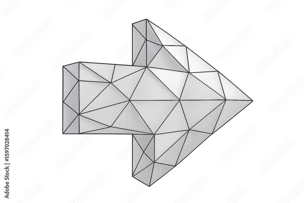 Poster 3d rendering of a white polygonal arrow pointing right on transparent background, ideal for indicati