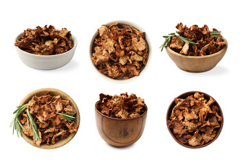 Dried mushrooms in bowls isolated on white, set. Top and side view
