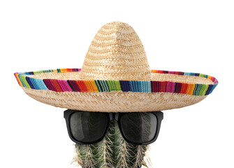 Cactus with sunglasses and sombrero hat against white background
