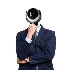 Businessman with CCTV camera instead of his head on white background
