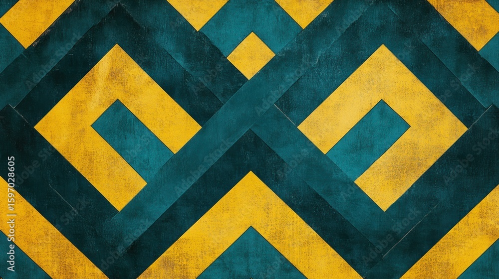 Aufkleber a geometric pattern with intersecting yellow and teal shapes forming a diamond design repeat