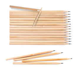 Many wooden graphite pencils on white background, collage