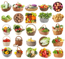 Many different fresh vegetables in wicker baskets isolated on white, set