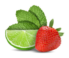 Fresh lime, strawberry and mint leaves isolated on white