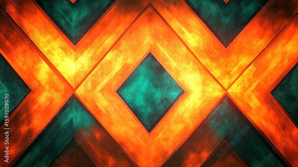 Poster abstract background with orange and teal diamond shapes arranged in a repeating symmetrical pattern