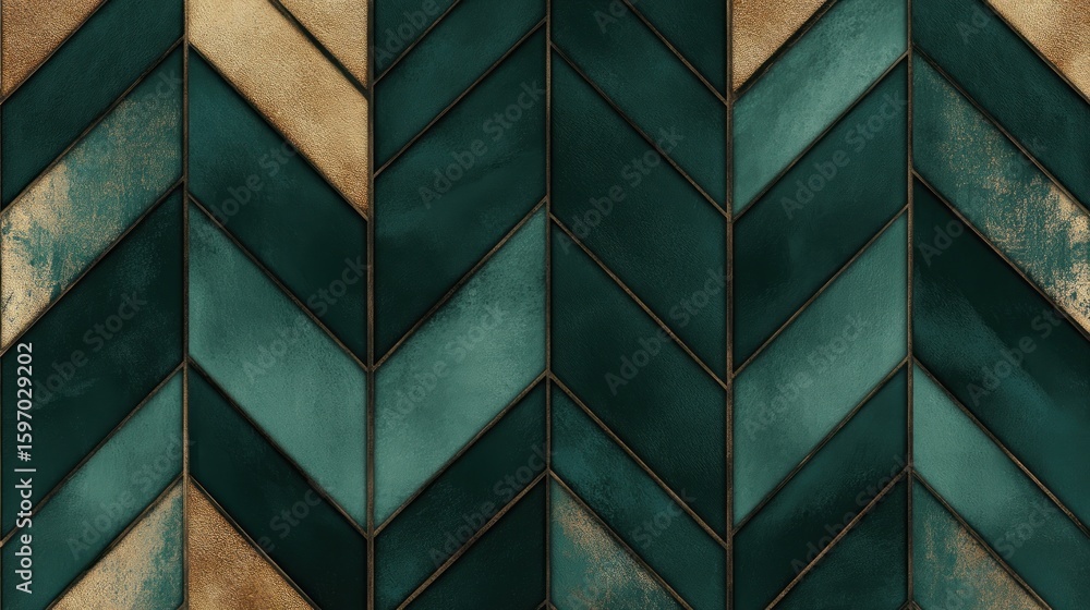 Poster abstract background of green and gold chevron pattern with dark lines in a seamless design