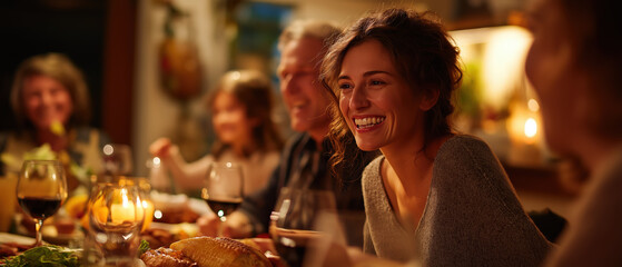 Happy family dinner, woman smiling, warm light, festive meal, cozy home, joyful atmosphere