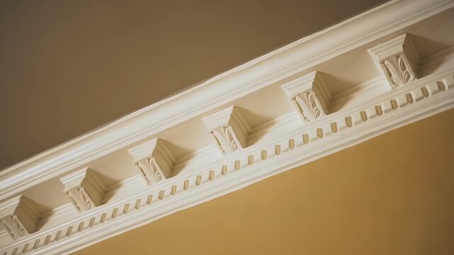 Ornate White Crown Moldings with Decorative Details Against Beige Wall and Gray Ceiling