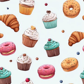 Colorful cupcakes and donuts with sprinkles cute pattern food art whimsical topaz upscale