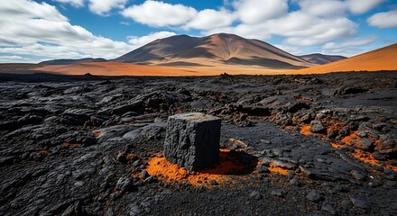 A volcanic landscape with lava rocks and a mountain range