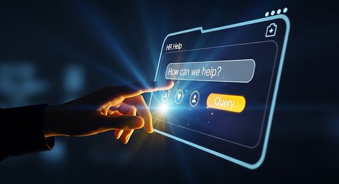  HR helpdesk concept. A hand types a question into a "How can we help?" search bar on a minimal holographic employee support portal.