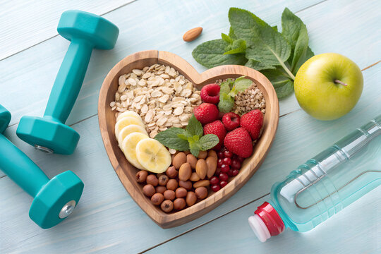Healthy food in heart and water diet sport lifestyle concept

