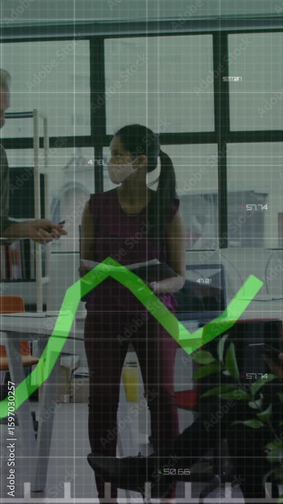 Poster animation of financial data processing over business people working in office