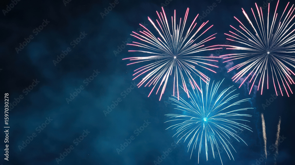 Poster bright and colorful fireworks exploding in the night sky, celebratory display illuminating the dark 