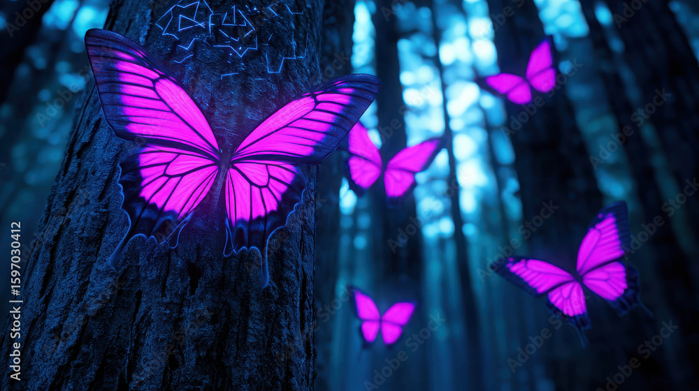 Aufkleber enchanting purple butterflies fluttering in mystical forest setting with soft blue light around anci