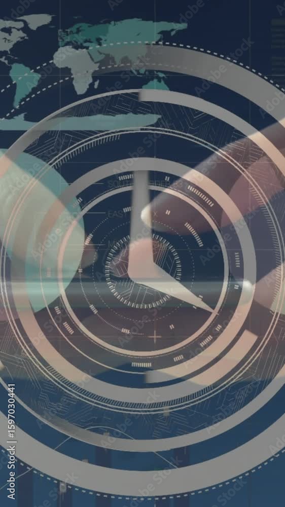 Poster animation of clock and statistics processing over globe
