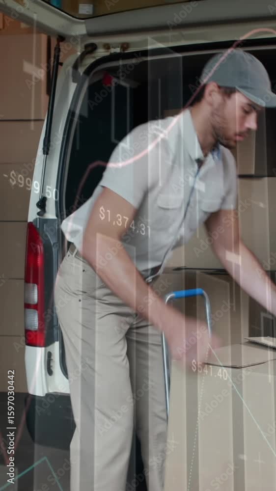 Poster animation of statistics processing over delivery man with cardboard boxes