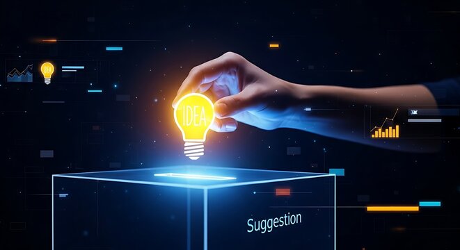 Anonymous suggestion box concept. A hand places a glowing "idea" icon into a translucent holographic suggestion box, symbolizing employee feedback.