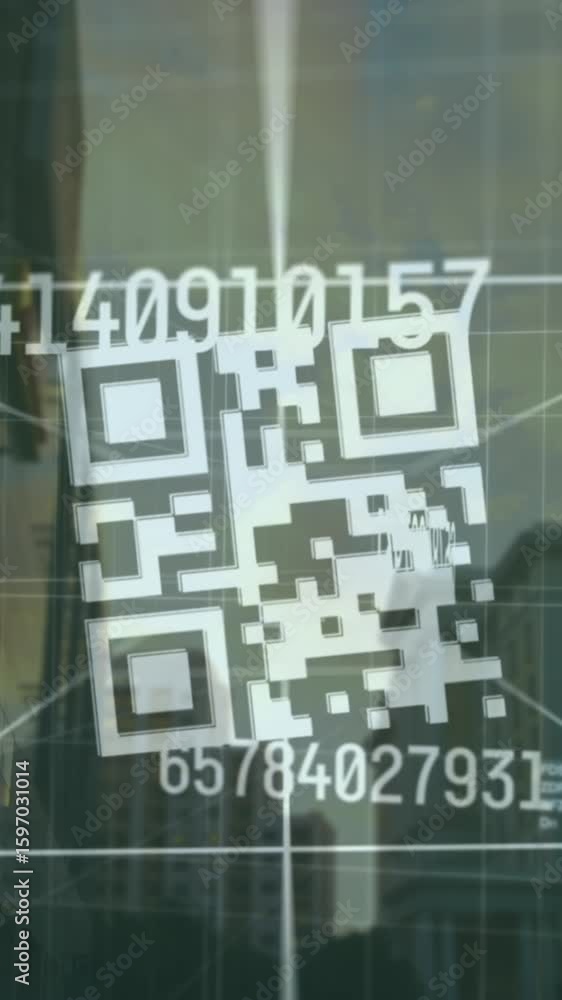 Poster animation of qr code and numbers over cityscape