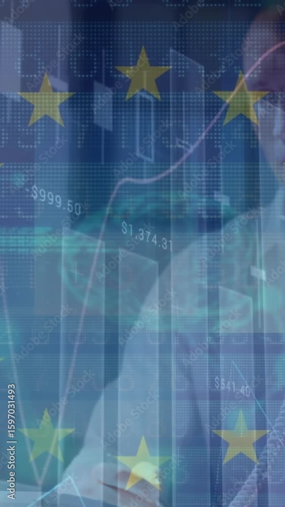 Poster animation of data processing and flag of eu over caucasian businessman talking on phone