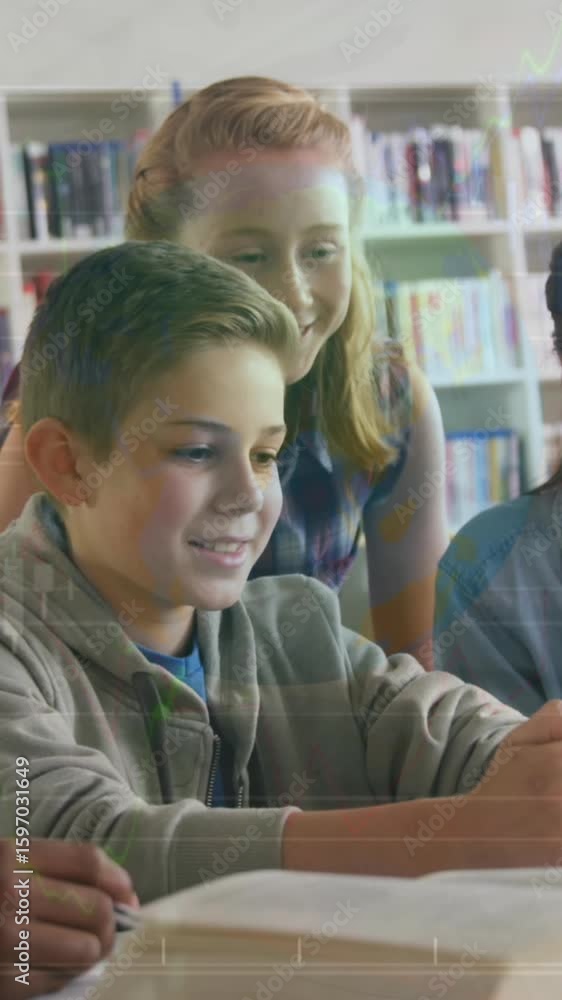 Poster animation of multiracial students studying over digital tablet over trading board and graphs
