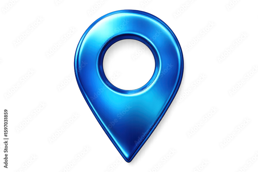 Poster metallic blue location pin representing precise global positioning, gleaming against transparent bac
