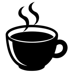 Black and white vector illustration of a steaming cup of coffee or tea