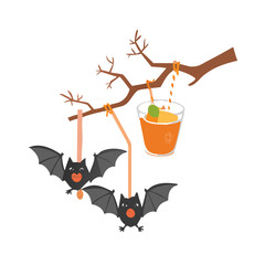 Vector art of cartoon bats hang from a tree branch with a drink for halloween